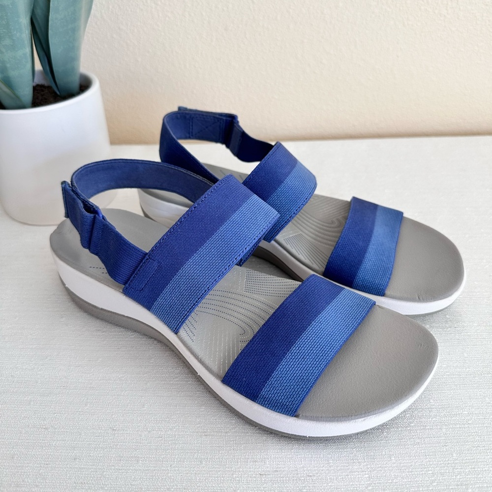 Clarks Arla Jacory Blue Strap Low Wedge Comfort Sporty Sandals Women’s 9M